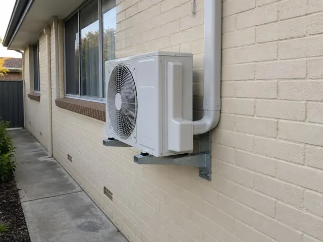 Wall-mounted outdoor air conditioner unit on brick house exterior beside a window in Elizabeth Grove